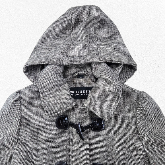 Guess Gray Wool Blend Toggle Tweed Coat Hooded Short Peacoat Size Medium - Picture 2 of 10